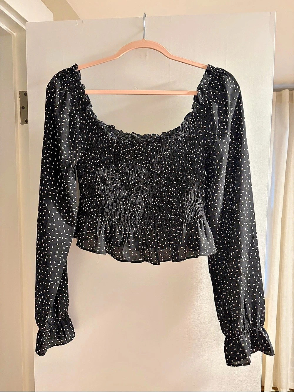 Forever 21 Cropped Black Polka Dot Smocked Square-Neck Long Sleeve Top